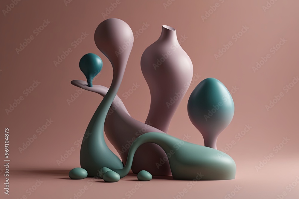Poster surreal 3d model of organic shapes with abstract curves and colorful tones