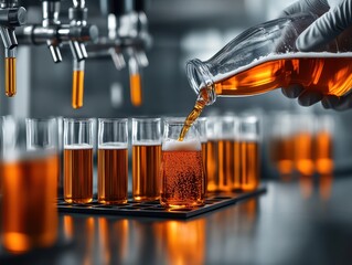 Close-up of a lab worker pouring beer into glass tubes for quality testing, with taps in the background indicating a brewing process.