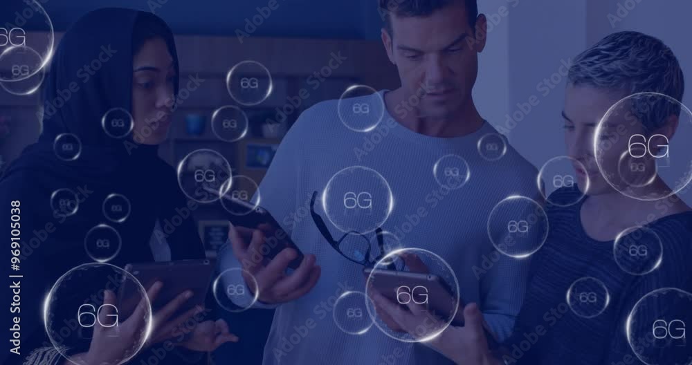 Poster animation of circles with 6g text over diverse colleagues using tablets