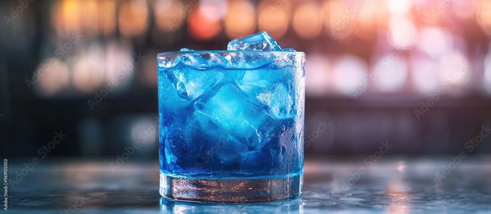Poster blue jack frost cocktail in a glass toned selective focus. with copy space image. place for adding t
