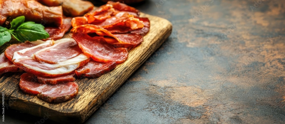 Poster pork smoked meat appetizer meal snack on the table with copyspace food background rustic
