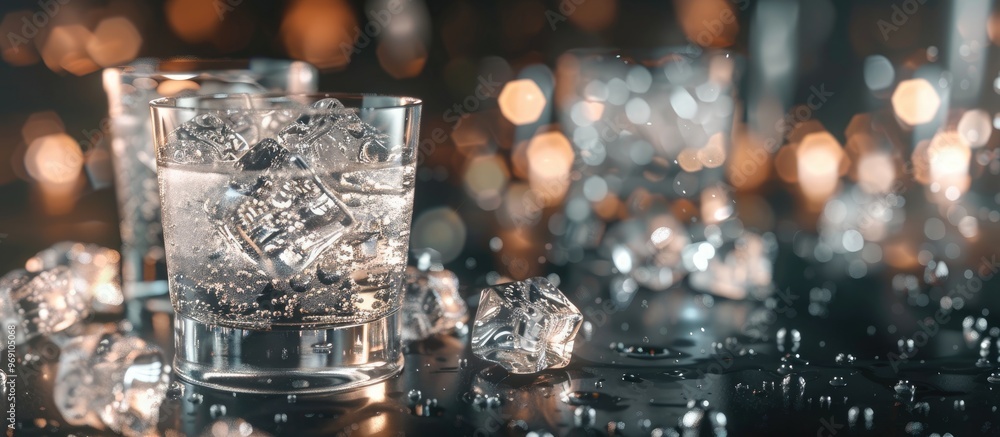 Poster three vodka shots with ice on a black table copy space