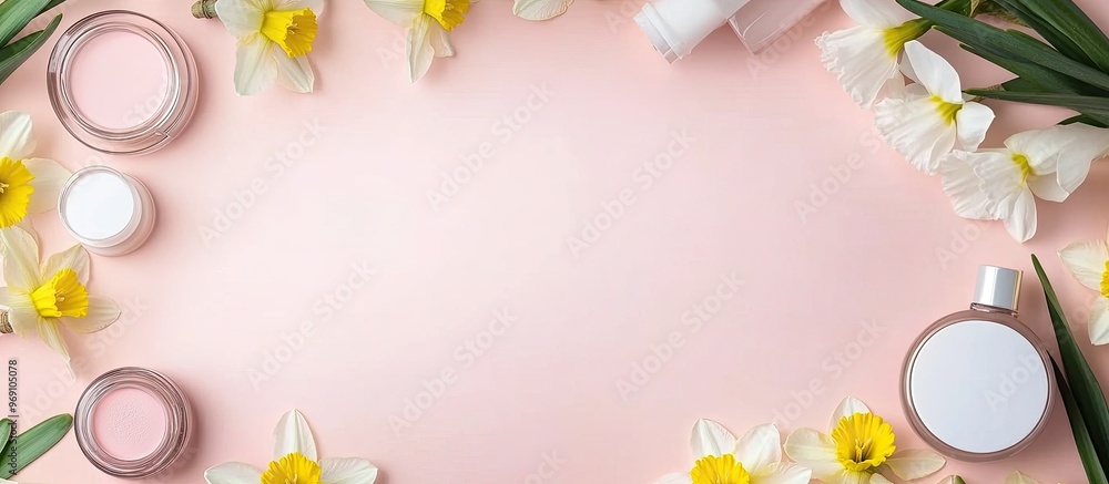 Poster Blank card with a frame of various cosmetics and daffodils on a pink background. with copy space image. Place for adding text or design