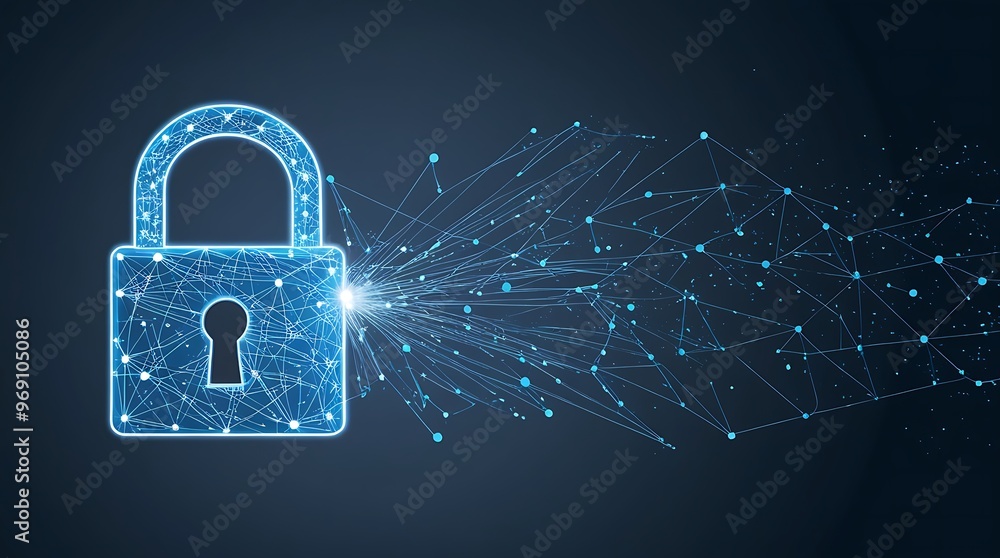 Wall mural digital illustration of a blue padlock symbolizing security, surrounded by interconnected lines and 