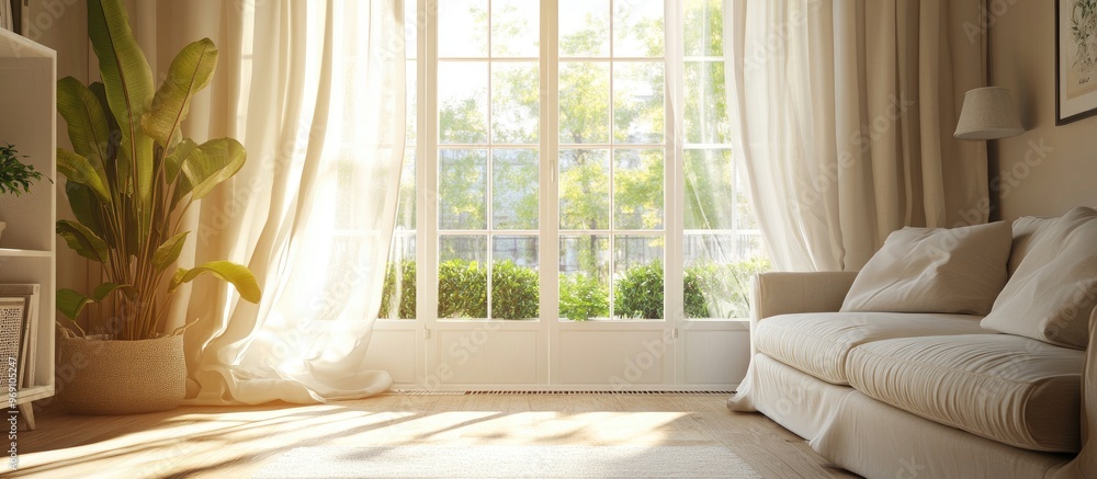 Poster Small room featuring a sofa wardrobe and a window that offers a view No one is present inside. with copy space image. Place for adding text or design
