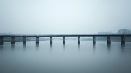 Obraz premium A minimalist steel bridge stretching across a calm river, with a cityscape in the distance.