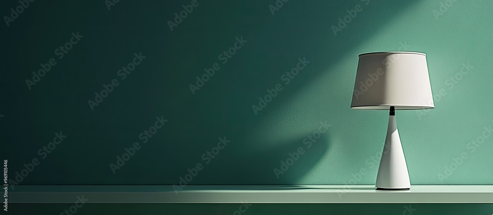 Aufkleber Table and lamp against a green wall backdrop. with copy space image. Place for adding text or design