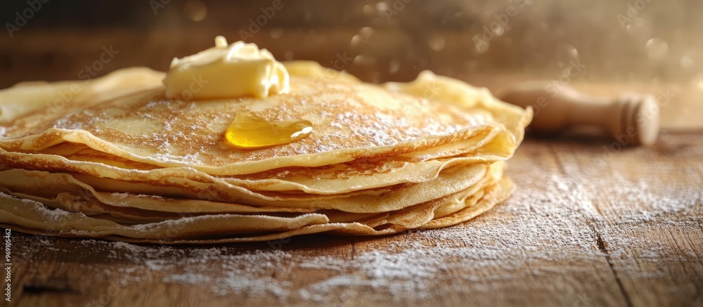 Fototapete A closeup of a stack of tasty crepes with melting butter on a wooden table. with copy space image. Place for adding text or design