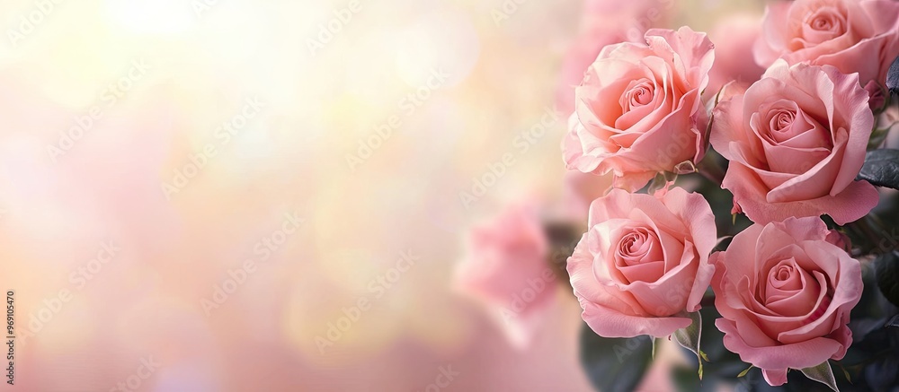Poster a lovely bouquet of pink rose flowers in a corner against a soft background. with copy space image. 