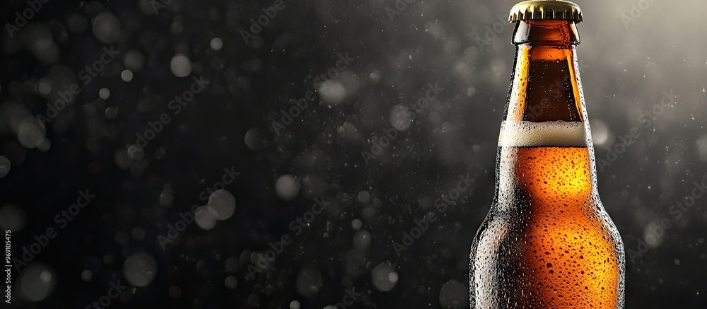 Poster brown beer bottle clipping path on a black background with bright edges and foam. with copy space im