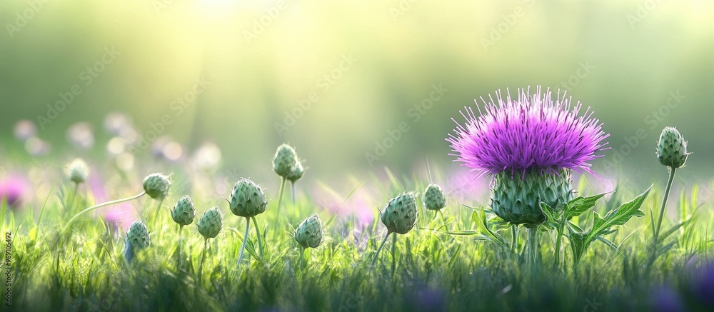 Aufkleber a purple thistle flower encircled by buds blossoms in a green summer meadow. with copy space image. 