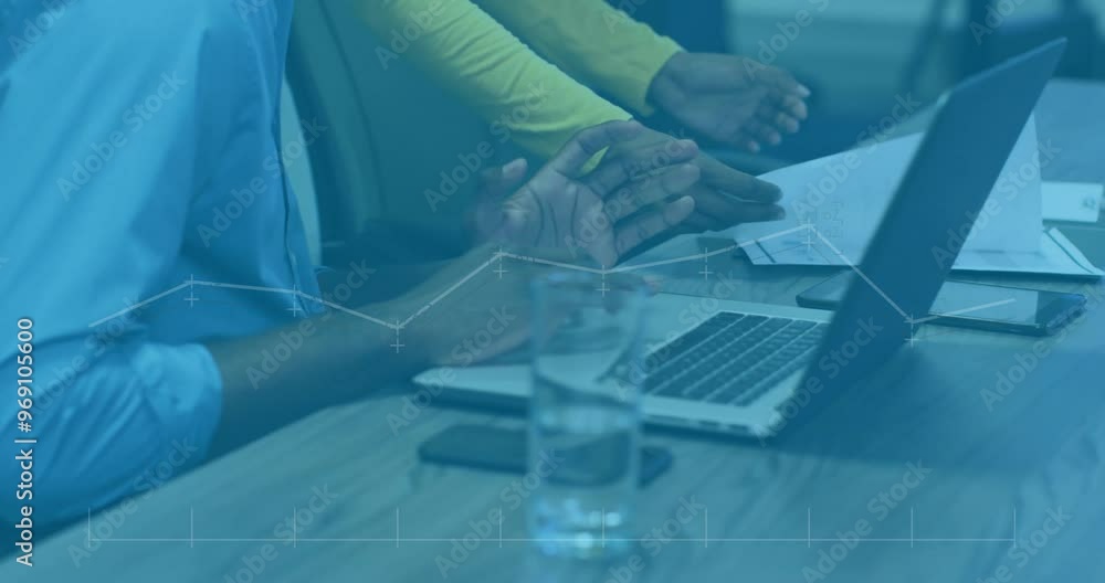 Poster animation of financial data processing over diverse colleagues using laptop