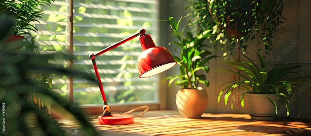 Poster spring tools arranged on a wooden table accompanied by a red lamp and a blurred background featuring