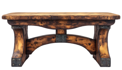 a wooden table with metal supports. 