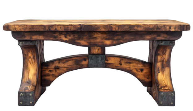 a wooden table with metal supports. 