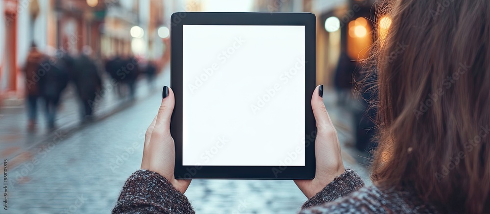 Poster mockup image of a woman outdoors holding a black tablet pc with a blank white screen against a stree