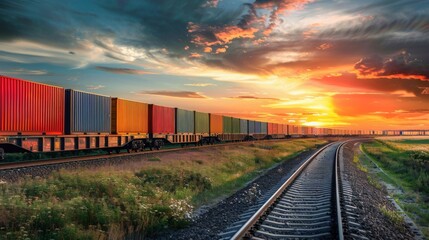 Fototapeta premium Freight Train Sunset Landscape with Colorful Cargo Containers