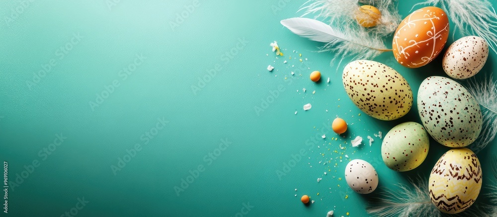 Aufkleber Banner featuring Easter eggs and feathers on a green background Long banner format top view. with copy space image. Place for adding text or design