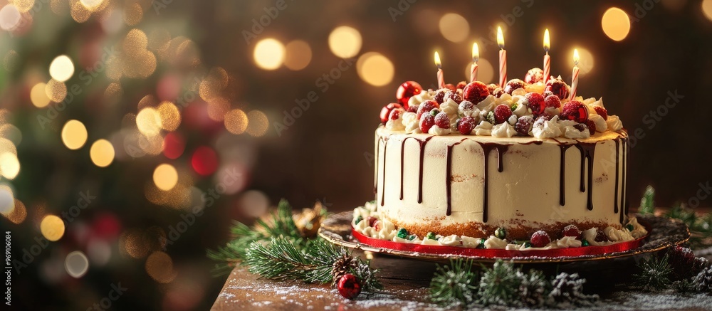 Poster Christmas cake on an ornate table for New Year s Eve. with copy space image. Place for adding text or design