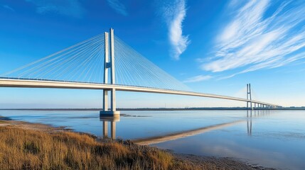 Obraz premium A modern suspension bridge stretching across a wide river delta under a bright blue sky.