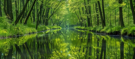 Obraz premium Canal river in a lush green forest park Majestic deciduous trees Beginning of spring and summer Symmetrical reflections in crystal clear water acting as a natural mirror Scenic panoramic views Hiking