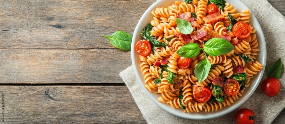 Fototapete baked homemade fusilli pasta with bacon cream spinach and fresh cherry tomatoes rests on a napkin on