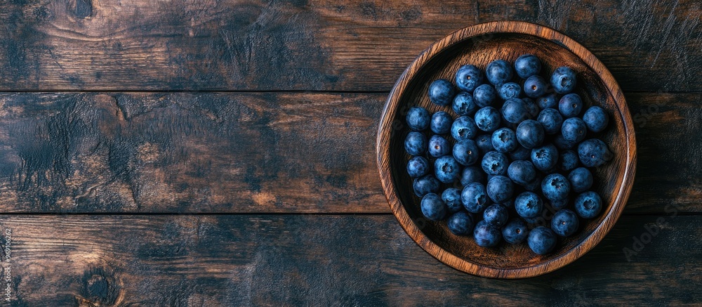 Aufkleber blueberries on a wooden plate on a wooden table top view. with copy space image. place for adding te