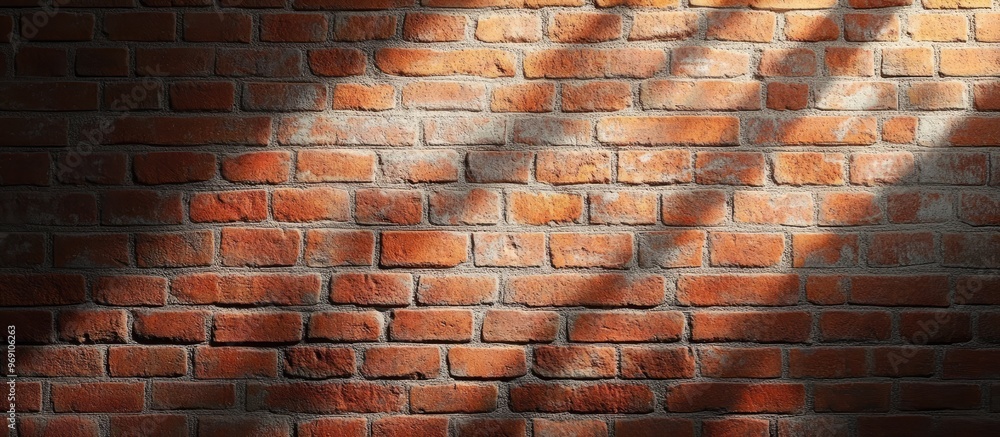 Aufkleber Worn shabby chic red clay brick wall texture with random shadows falling on it. with copy space image. Place for adding text or design
