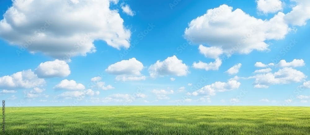 Aufkleber Green field beneath a blue cloudy sky. with copy space image. Place for adding text or design