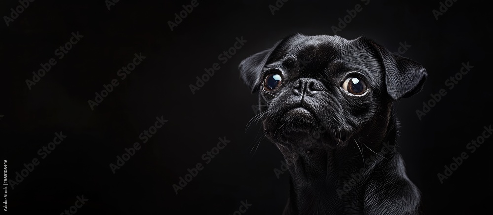 Fototapete charming black pug set against a black background studio pet portrait. with copy space image. place 