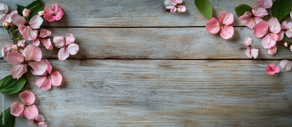 Poster top view of a blooming flowers frame with copy space on a wooden background
