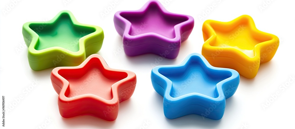 Poster plastic cooking mold shaped like five colorful stars isolated on a white background. with copy space image. Place for adding text or design