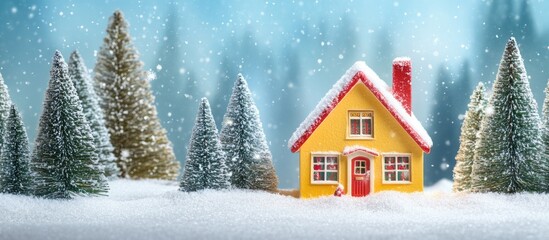 Fototapeta premium A vibrant Christmas toy house in the snow surrounded by Christmas trees A cozy home buying idea Stunning Christmas card copyspace Vertical perspective