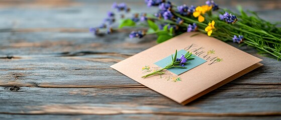 Obraz premium Handmade Card on Wooden Table amidst Dried Floral Arrangements and Purple Blooms.