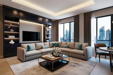 3D Model of Elegant Apartment Living Room Featuring Sectional Sofa Coffee Table and Entertainment Center