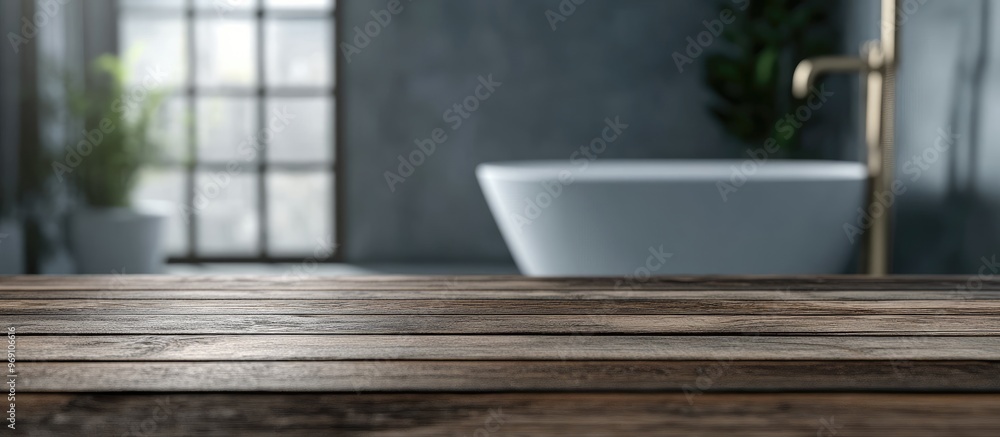 Poster Tabletop with a blurred bathroom background. with copy space image. Place for adding text or design