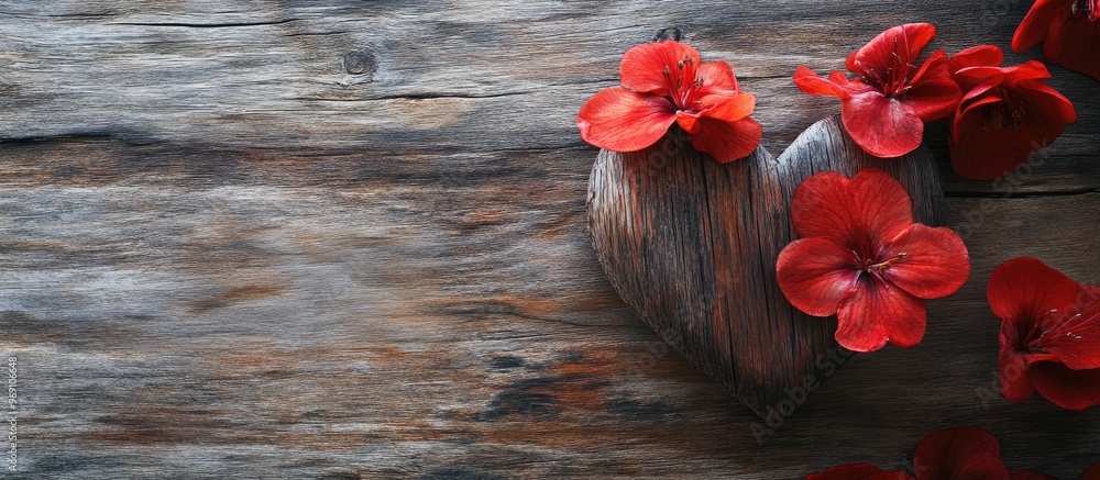 Poster red flowers alongside a wooden heart. with copy space image. place for adding text or design