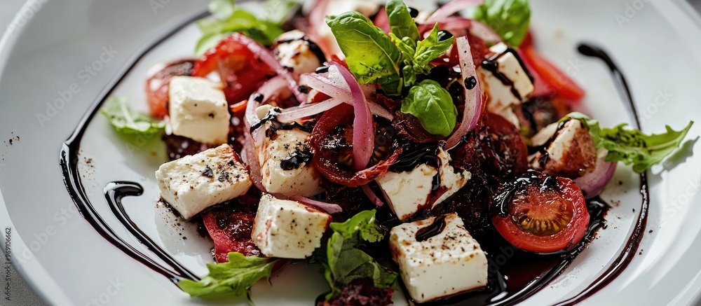 Poster salad featuring feta cheese sun dried tomatoes and pickled onions drizzled with balsamic sauce on a 