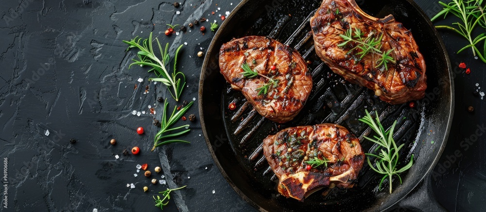 Poster pork ribeye roast in a skillet grill with herbs and spices viewed from above on a black stone backgr