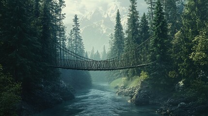 Fototapeta premium A picturesque suspension bridge swaying over a mountain river, surrounded by tall pine trees.