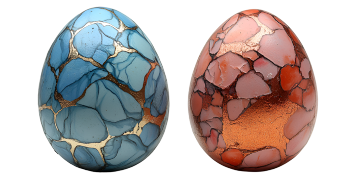 two eggs with cracked paint on a white background.