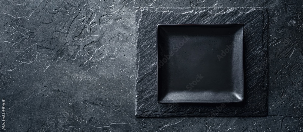 Aufkleber empty black square plate on dark slate top view featuring copy space