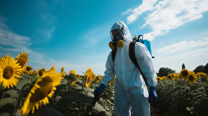 Fototapeta premium A worker in protective clothing, including a face mask and gloves, spraying pesticides in a field of sunflower plants, with the towering sunflowers standing tall under a bright, cl
