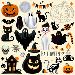 Halloween vector set with ghosts, pumpkins, cats, skull, moon, witch hat, old house, candy, candle, spider web, garland, and bat, perfect for Halloween decorations, posters, party invitations, etc.