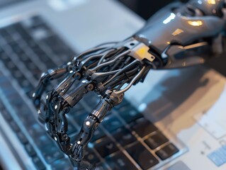 Closeup of a robotic prosthetic arm typing on a laptop keyboard, showcasing prosthetic advancements in everyday tasks Isolated white background, clear focus on the prosthetic
