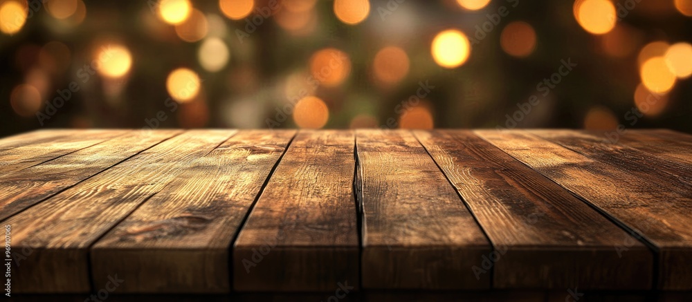 Aufkleber Selected focus on an empty brown wooden table with a blurred background featuring a bokeh effect Suitable for your photomontage or product display. with copy space image
