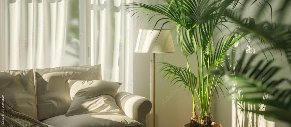Poster Nordic lamp and tropical leaf simple decor items Scandinavian minimalist white interior. with copy space image. Place for adding text or design