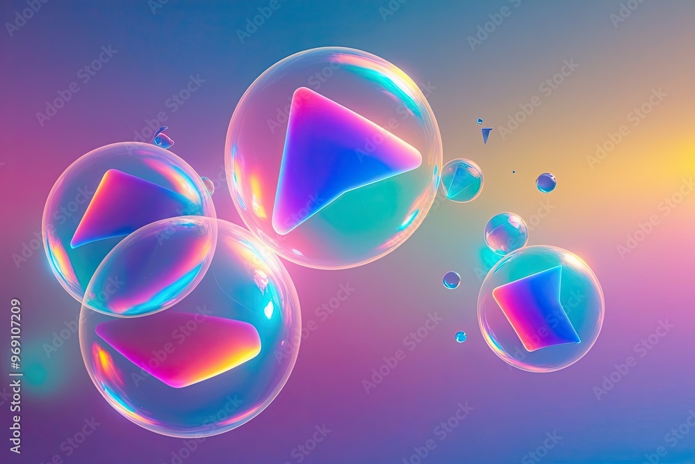 Poster 3d glowing arrow-shaped bubbles in dynamic gradient colors on bright canvas
