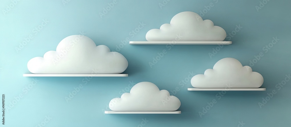 Poster contemporary home decor mock up featuring cloud shaped shelves on the wall. with copy space image. p