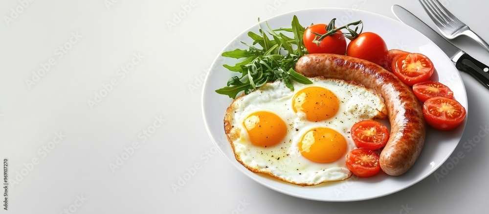 Aufkleber english breakfast consists of fried eggs sausages tomatoes and arugula american cuisine. with copy s